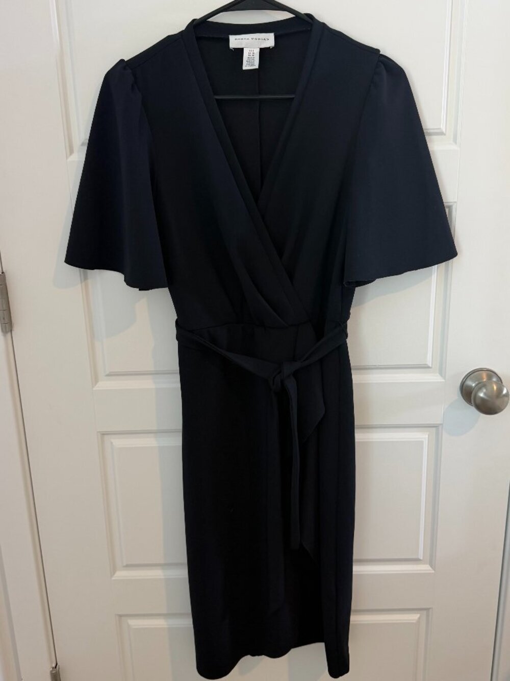 Donna Morgan Black Wrap Dress Flutter Sleeve Tie Waist Midi Sheath Size 6